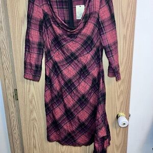 Peruvian Connection Pink and Black Plaid Cowl-Neck Long Sleeve Dress
